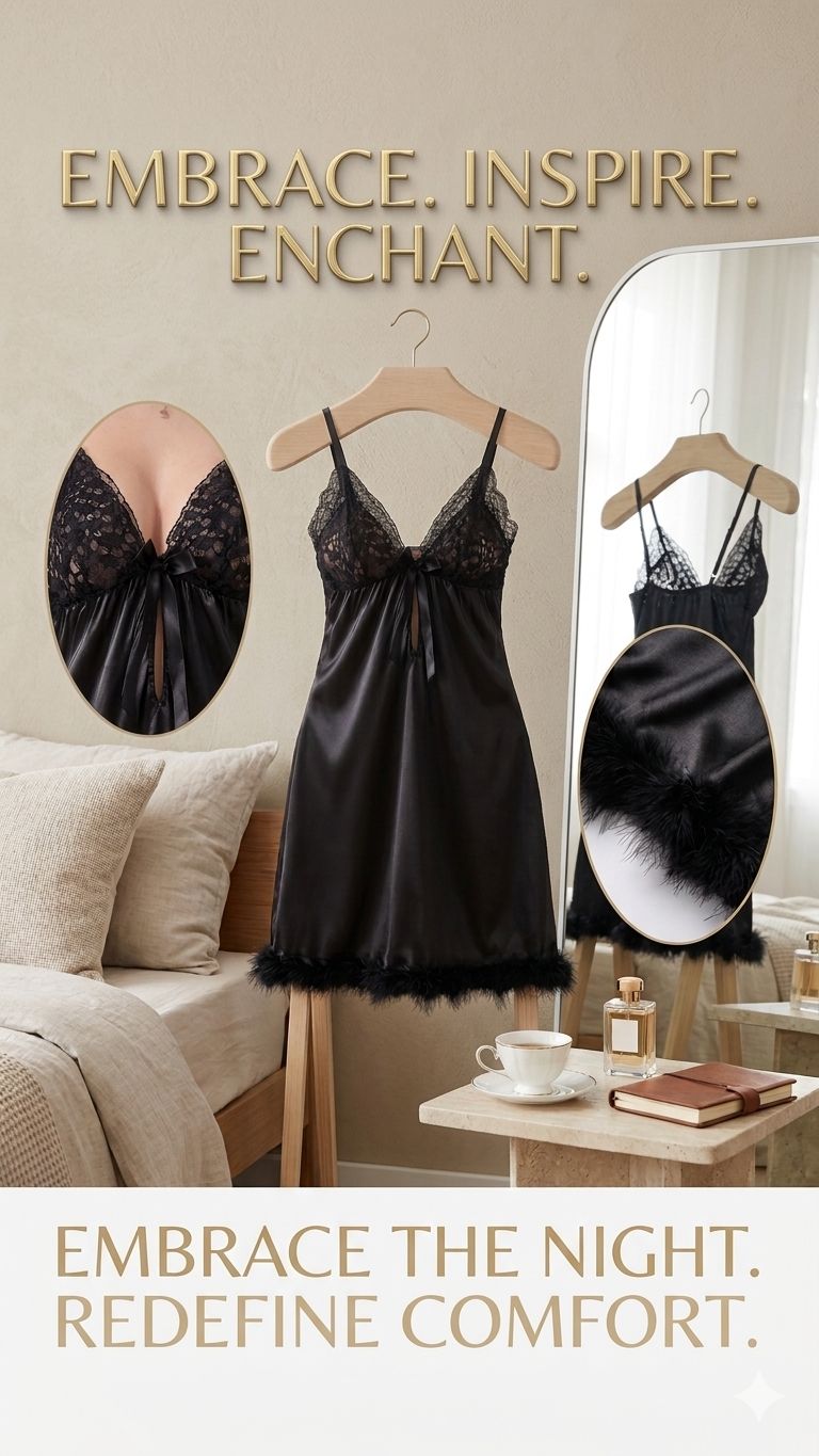 Glamour Feather Trim Satin Nighty